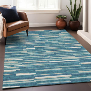 3' X 5' Teal Blue And Ivory Striped Washable Indoor Outdoor Area Rug Transitional Style - Teal Blue, Ivory Color
