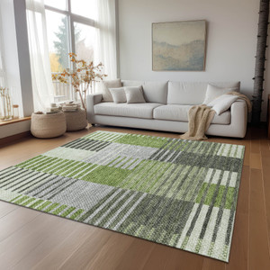 3' X 5' Green And Olive Green Striped Washable Indoor Outdoor Area Rug
