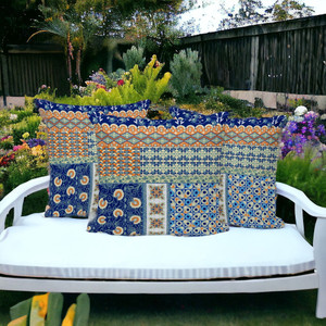 Set of Three 16" X 16" Blue and Orange Botanical Indoor Outdoor Throw Pillow - 606114872900