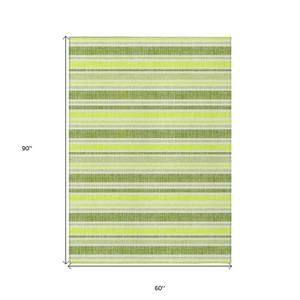 5' X 8' Green and Yellow Striped Washable Non Skid Indoor Outdoor Area Rug