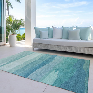 3' X 5' Turquoise Striped Washable Indoor Outdoor Area Rug Transitional Style - Turquoise Color