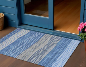 3' X 5' Navy Blue And Gray Striped Washable Indoor Outdoor Area Rug