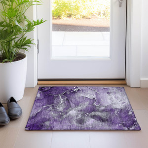 2' X 3' Gray and Purple Abstract Washable Non Skid Indoor Outdoor Area Rug Transitional Style - Gray, Purple Color