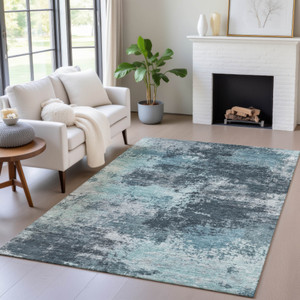 3' X 5' Teal Blue And Navy Blue Abstract Washable Indoor Outdoor Area Rug - 880016809749