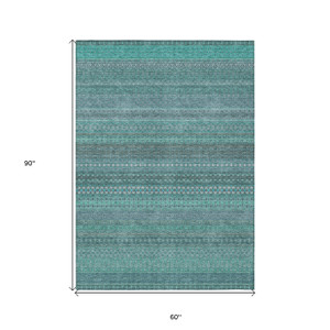 5' X 8' Turquoise Striped Washable Non Skid Indoor Outdoor Area Rug
