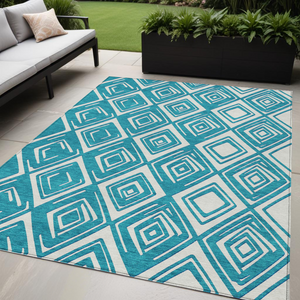 5' X 8' Teal Blue And Ivory Geometric Washable Indoor Outdoor Area Rug Transitional Style - Teal Blue, Ivory Color