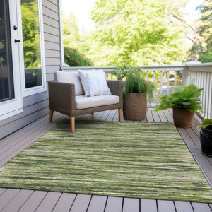 5' X 8' Olive Green And Ivory Striped Washable Indoor Outdoor Area Rug