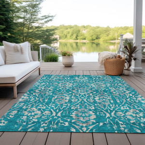 3' X 5' Teal Blue And Ivory Floral Washable Indoor Outdoor Area Rug - 608219257675