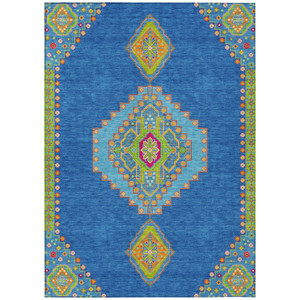 5' X 8' Denim Blue Red And Green Oriental Washable Indoor Outdoor Area Rug