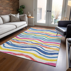 5' X 8' Ivory Blue Pink And Yellow Striped Washable Indoor Outdoor Area Rug