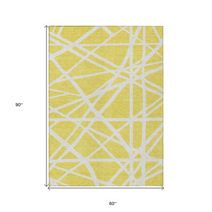 5' X 8' Yellow And Linen Geometric Washable Indoor Outdoor Area Rug