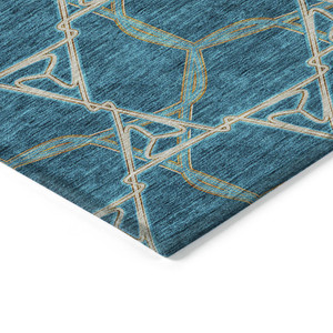 5' X 8' Teal Blue And Beige Geometric Washable Indoor Outdoor Area Rug