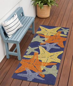 6' Blue Yellow And Orange Starfish Indoor Outdoor Runner Rug