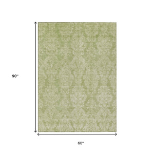 5' X 8' Artichoke Green And Beige Damask Washable Indoor Outdoor Area Rug