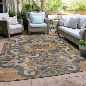5' X 8' Terra Cotta And Charcoal Damask Washable Indoor Outdoor Area Rug - 880016411041