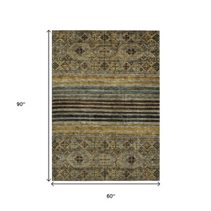 5' X 8' Gray Gold And Brown Medallion Washable Indoor Outdoor Area Rug