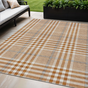 5' X 8' Brown Beige And Beige Plaid Washable Indoor Outdoor Area Rug