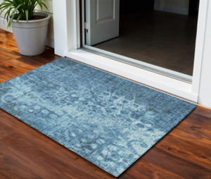 3' X 5' Blue Ikat Washable Indoor Outdoor Area Rug