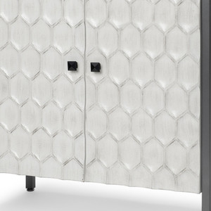 32" White and Gray Wood and Metal Carved Geometric Accent Cabinet With Two Doors