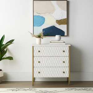 32" White and Gold Wood and Metal Carved Geometric Accent Cabinet With Three Drawers