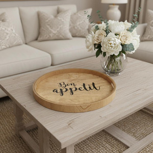 14" Natural And Black Bon Appetit Round Serving Tray With Handles - 880016619195