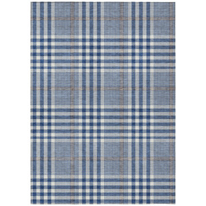 5' X 8' Navy Blue Ivory And Brown Plaid Washable Indoor Outdoor Area Rug