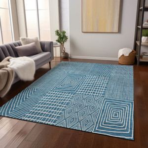 3' X 5' Teal Blue And Ivory Geometric Washable Indoor Outdoor Area Rug - 608219022396