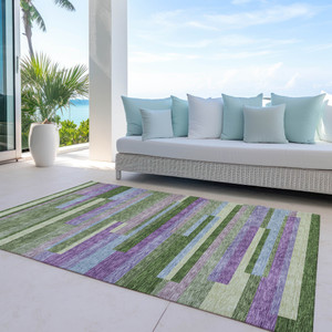 3' X 5' Moss Green Olive Green And Purple Striped Washable Indoor Outdoor Area Rug
