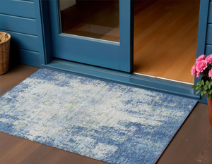 3' X 5' Denim Blue And Ivory Abstract Washable Indoor Outdoor Area Rug Transitional Style - Denim Blue, Ivory Color
