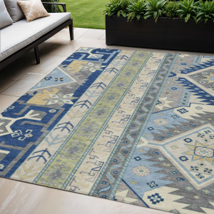 5' X 8' Navy Blue Green And Gray Aztec Washable Indoor Outdoor Area Rug