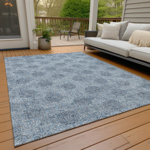 5' X 8' Blue And Ivory Damask Washable Indoor Outdoor Area Rug