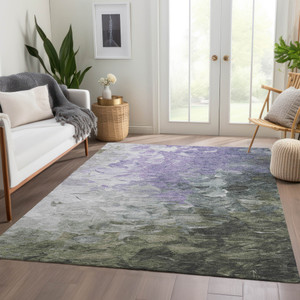 5' X 8' Lavender Olive Green And Silver Abstract Washable Indoor Outdoor Area Rug