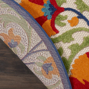 5' Navy Blue Beige Green Blue And Red Round Floral Indoor Outdoor Area Rug - Navy Blue, Beige, Green, Blue, Red