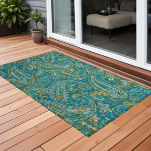 2' X 3' Teal Paisley Washable Non Skid Indoor Outdoor Area Rug