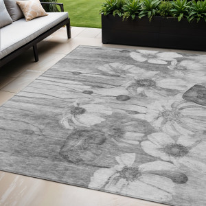 5' X 8' Gray Charcoal And Silver Floral Washable Indoor Outdoor Area Rug - 608219203115