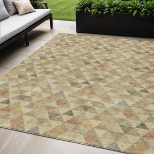 5' X 8' Beige Tan And Taupe Geometric Washable Indoor Outdoor Area Rug