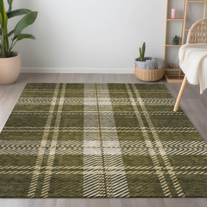5' X 8' Olive Green Gold And Brown Plaid Washable Indoor Outdoor Area Rug