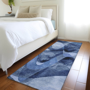 2' X 8' Navy Blue Abstract Washable Non Skid Indoor Outdoor Runner Rug