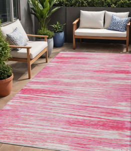 5' X 8' Pink And Ivory Striped Washable Indoor Outdoor Area Rug Transitional Style - Pink, Ivory Color