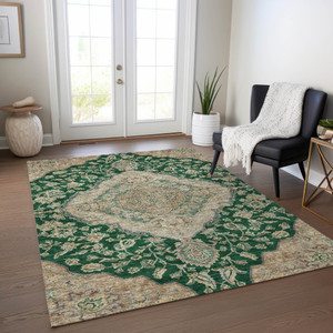 3' X 5' Emerald Beige And Brown Oriental Washable Indoor Outdoor Area Rug