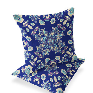 Set of Two 16" X 16" Blue and White Blown Seam Floral Indoor Outdoor Throw Pillow - 606114817994