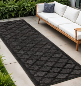 12' Charcoal And Black Trellis Indoor Outdoor Runner Rug