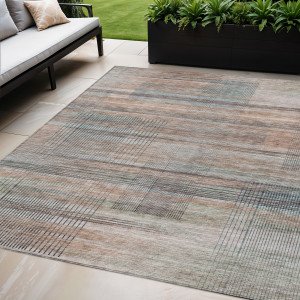 5' X 8' Copper Gray And Blue Striped Washable Indoor Outdoor Area Rug