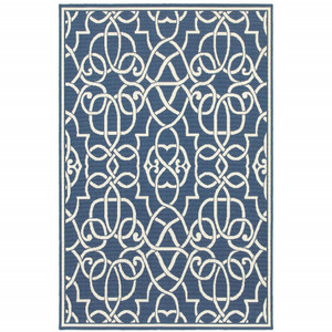 5' X 8' Blue and Ivory Geometric Stain Resistant Indoor Outdoor Area Rug - Blue, Ivory