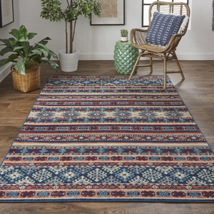 13' X 15' Blue Red And Ivory Geometric Distressed Area Rug