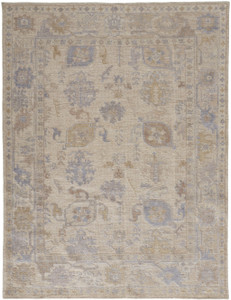 9' X 12' Tan Orange And Blue Floral Hand Knotted Stain Resistant Area Rug
