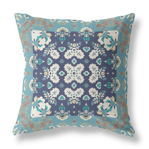 20" X 20" Gray And Blue Floral Blown Seam Suede Throw Pillow