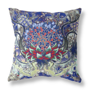 18” Blue Red Flower Bloom Suede Throw Pillow