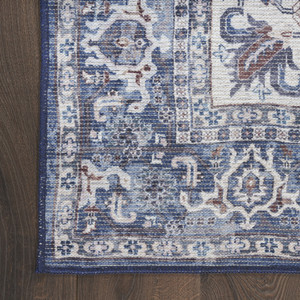10' Blue and Ivory Floral Power Loom Distressed Washable Runner Rug - 606114776161
