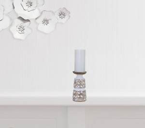 Set of Three Brown And White Botanical Leaf Stone Powder Tabletop Pillar Candle Holders